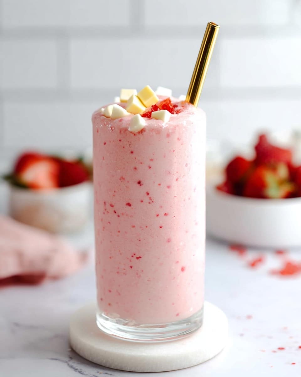A tall clear glass filled with a thick pink smoothie that has tiny red specks inside, topped with a layer of white small round pieces, red strawberry slices, and light yellow banana chunks. The glass sits on a white coaster placed on a surface with white marbled texture. In the blurry background, there are white containers holding strawberries and white small pieces. The setting is bright with white subway tiles behind. photo taken with an iphone --ar 4:5 --v 7