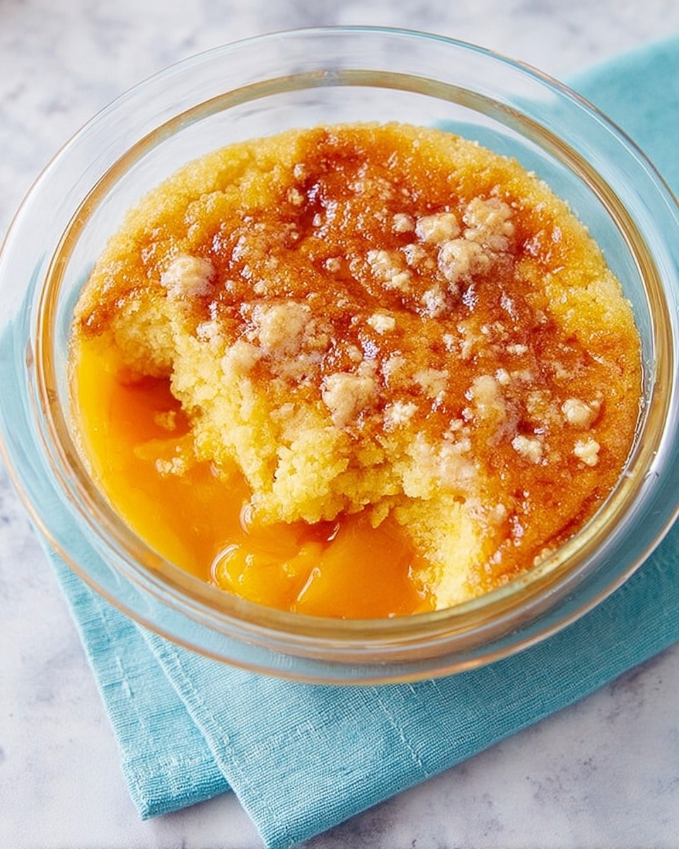 This image shows a glass dessert cup filled with a peach cobbler. At the bottom, there are bright orange peach slices, soft and juicy, creating a colorful base. On top of the peaches is a thick layer of golden, crumbly streusel that looks crunchy and slightly caramelized, with a mix of light brown and creamy yellow tones. The dessert sits on a white marbled textured surface, with a soft blue cloth underneath the cup adding a gentle contrast. Photo taken with an iphone --ar 4:5 --v 7