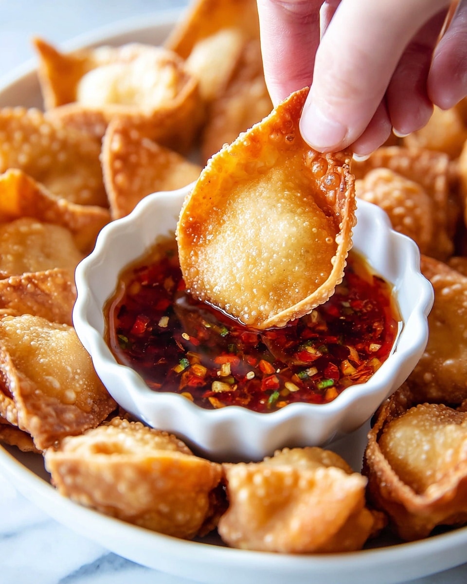 A close-up shows a woman's hand holding a crispy golden-brown fried wonton dumpling, partially dipped into a small white scalloped bowl filled with dark red chili sauce with visible chili flakes. The dumpling has a bubbly, textured surface with a lighter filling peeking through the top center. Around the bowl, more fried wontons with similar golden crispy wrappers and creamy fillings are arranged, all set on a white plate resting on a white marbled texture. photo taken with an iphone --ar 4:5 --v 7