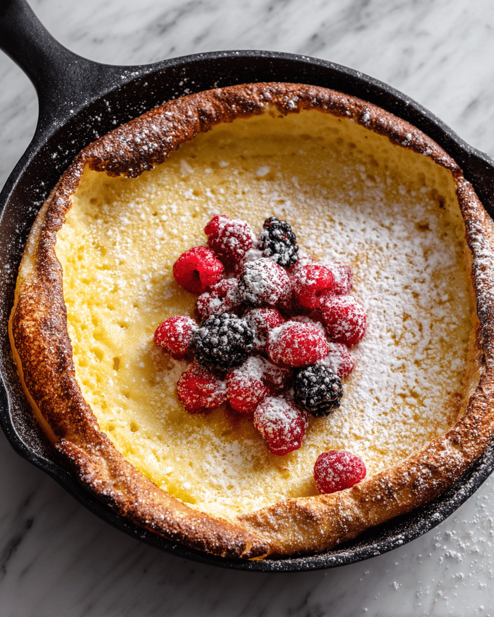 A round, golden-brown puffed Dutch baby pancake is cooked in a black cast iron skillet. The edges are risen and darker brown, creating a thick crust, while the center is lighter yellow and soft with a creamy texture. A cluster of fresh red raspberries and black blackberries sits slightly off-center on top, dusted with a light layer of white powdered sugar, which is also scattered lightly across the pancake surface. The skillet rests on a white marbled surface. photo taken with an iphone --ar 4:5 --v 7