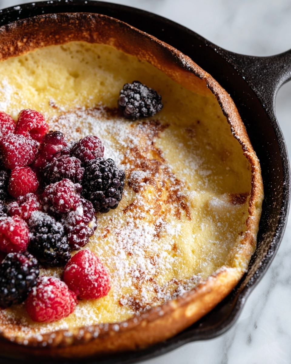 A golden brown Dutch baby pancake sits in a black cast iron skillet, its edges puffed and slightly darker with a crispy texture. The soft center is a pale yellow color, dusted lightly with white powdered sugar that adds a delicate touch on top. Fresh raspberries and blackberries, deep red and dark purple in color, are scattered on one side of the pancake, creating a vibrant contrast against the warm yellow base. The skillet rests on a white marbled surface, emphasizing the rustic yet inviting look of the dish. photo taken with an iphone --ar 4:5 --v 7