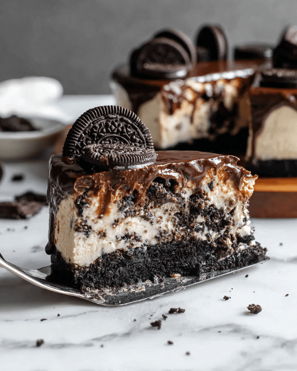 A slice of rich cookies and cream cheesecake rests on a silver cake server over a white marbled surface, showcasing three main layers: the bottom layer is dark, crumbly chocolate cookie crust; the thick middle layer is creamy white cheesecake mixed with crushed black cookies; the top layer is a thick, glossy dark chocolate ganache spread smoothly and topped with whole chocolate sandwich cookies standing upright, decorating the crust edge. In the background, a partially sliced cheesecake with the same layers sits on a wooden board with crumbs scattered around. Photo taken with an iphone --ar 4:5 --v 7