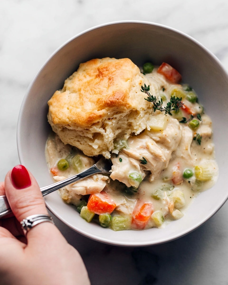 A close-up of a white bowl filled with a creamy chicken pot pie mixture and a large golden biscuit on top. The bottom layer shows a thick, light beige sauce mixed with chunks of white chicken, bright orange carrot slices, green peas, and celery pieces. There is a sprig of fresh thyme garnishing the dish. A silver fork is breaking into the biscuit, revealing a soft, fluffy, pale interior. The bowl is held by a woman's hand with red nail polish and a silver ring, against a white marbled background. photo taken with an iphone --ar 4:5 --v 7