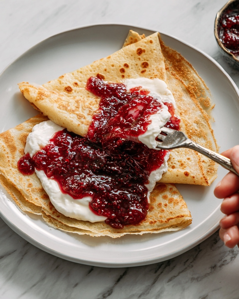 A white plate holds three folded golden crepes with small brown spots, layered with a thick creamy white topping in the center, covered by a generous layer of dark red, glossy berry jam that looks textured and slightly chunky. A woman's hand is using a silver fork to cut into the crepes, lifting a piece that is covered with all three layers, with some jam and cream dripping slightly onto the plate. The plate is set on a white marbled surface with a soft, natural light that highlights the shine of the jam and the soft texture of the crepes. photo taken with an iphone --ar 4:5 --v 7