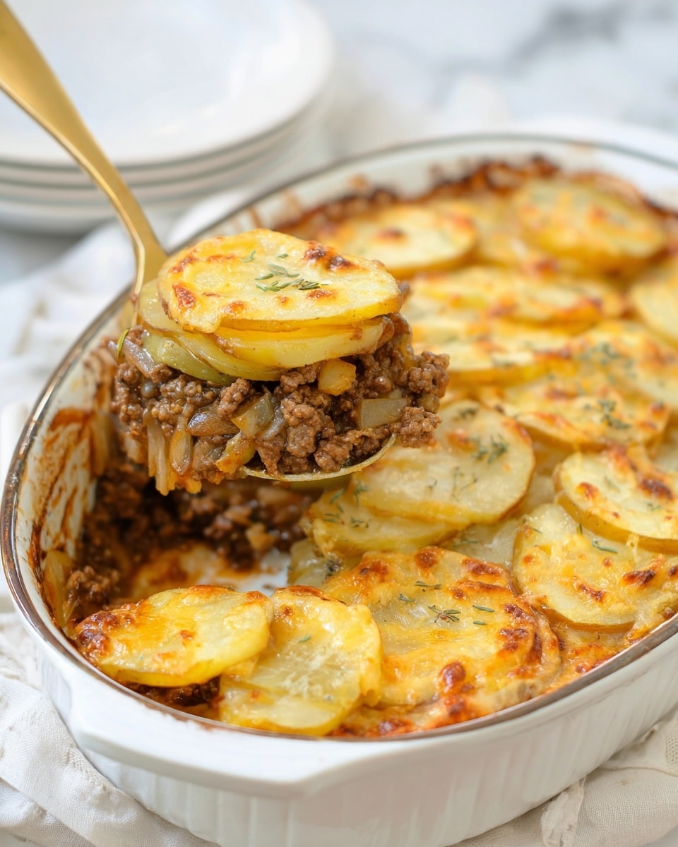 A white baking dish filled with a layered potato casserole. The top layer is golden brown melted cheese covering thinly sliced, lightly browned potatoes. Below that, there is a thick layer of cooked ground beef mixed with small pieces of onion and green pepper in a rich sauce. The potatoes beneath this meat mix are soft and yellowish, matching the thin slices on top. A golden spoon is lifting a portion to show all three layers clearly stacked inside the dish. The whole scene sits on a white marbled surface with a white cloth nearby. photo taken with an iphone --ar 4:5 --v 7