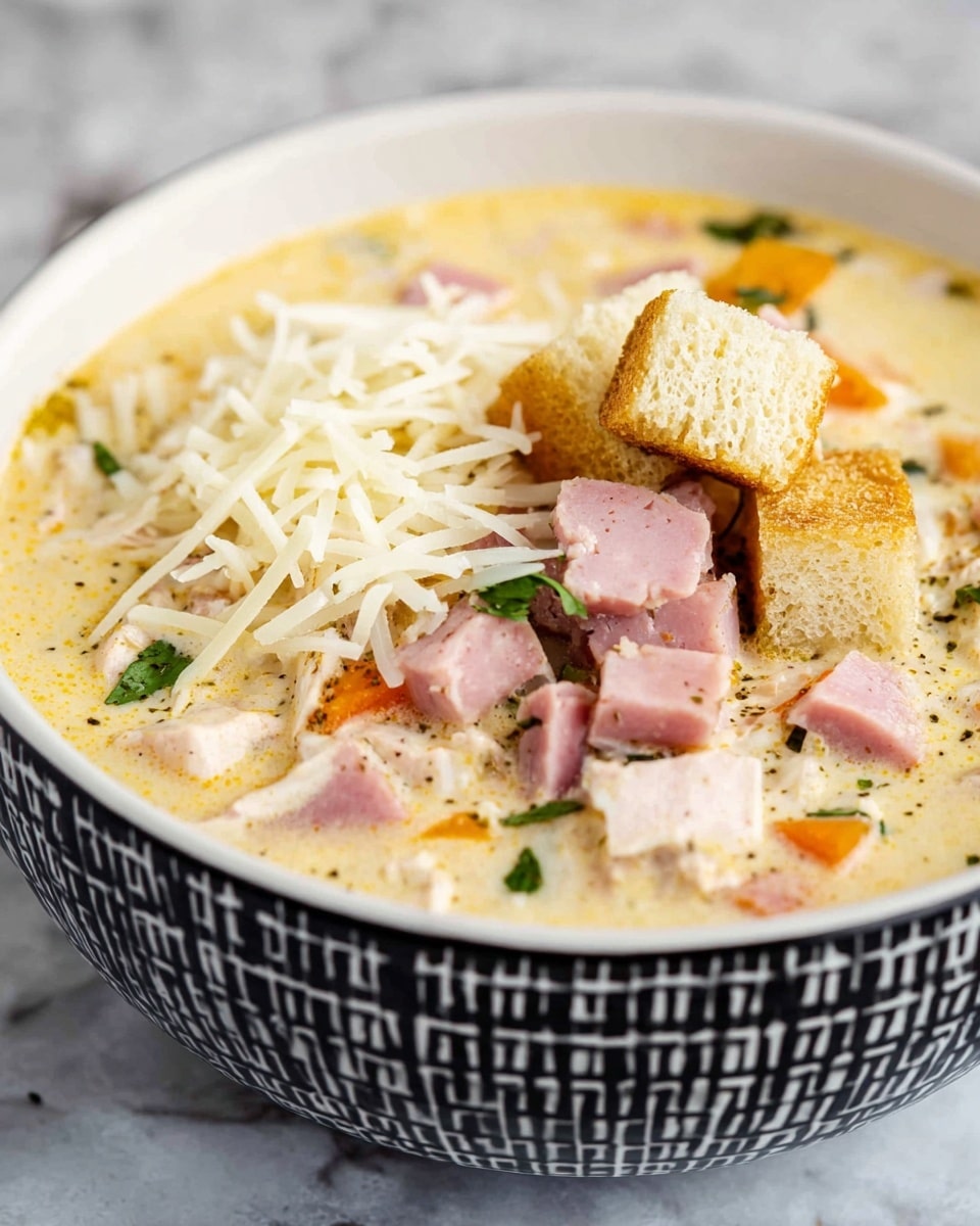 A close-up of a creamy soup in a white bowl with a black square pattern on the outside, placed on a white marbled surface. The soup has three main layers visible: the creamy, light yellow broth base with small bits of carrot and herbs; diced pink ham cubes mixed in throughout; and on top, a small pile of shredded white cheese on the left side and three light brown croutons stacked on the right side. Fresh green herb pieces are scattered over the soup. photo taken with an iphone --ar 4:5 --v 7