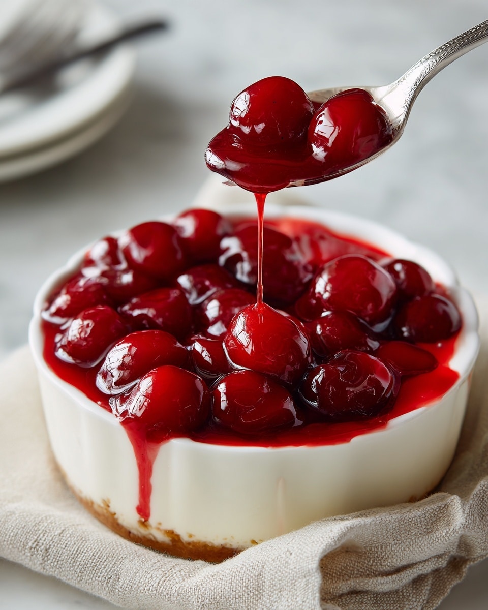 The image shows a white dish filled with two visible layers: a smooth, creamy white base and a top layer of glossy, bright red cherries covered in a shiny red jelly. A spoon is lifting a scoop that clearly shows the thick cherry topping dripping slightly over the creamy bottom layer, highlighting the texture contrast. The dish is placed on a light beige cloth, all set against a white marbled surface. photo taken with an iphone --ar 4:5 --v 7