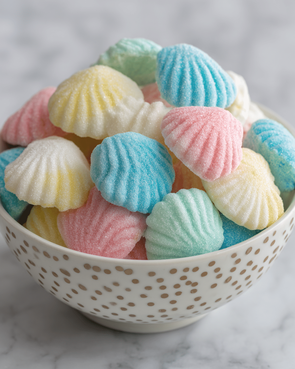 A close-up view of a white scalloped bowl filled with soft sugar cookies, each cookie is round with a cracked surface and a sugar coating that adds a slightly rough texture. The cookies come in pastel colors including pink, light green, pale blue, and soft yellow, all mixed together with no set pattern. The bowl rests on a white marbled surface making the colors stand out gently and the light softly highlights the sugar grains on the cookies. photo taken with an iphone --ar 4:5 --v 7