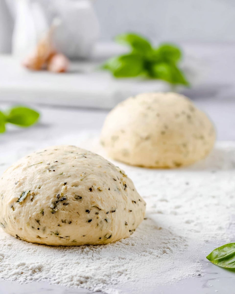 A smooth, round dough ball sits on a white marbled surface dusted lightly with flour, showing small dark herb flecks evenly mixed into the light beige dough. The dough has a slightly bumpy texture with tiny air bubbles visible, resting gently with soft shadows at its base. In the blurred background, a garlic bulb and some green leaves are partially visible, adding a fresh touch to the scene. A soft cloth with light green stripes is also faintly seen, enhancing the cozy kitchen atmosphere. Photo taken with an iphone --ar 4:5 --v 7