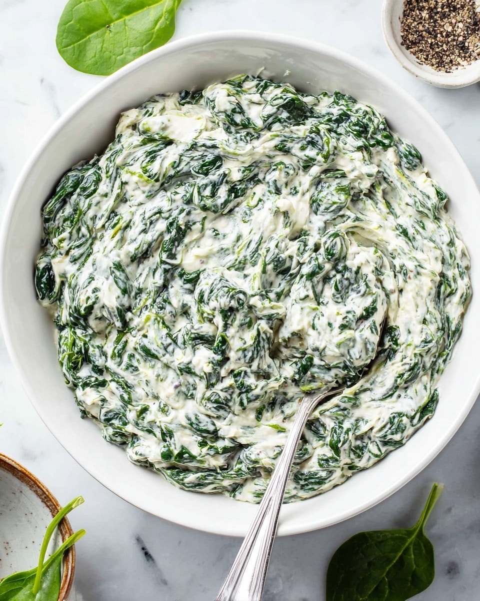 A white bowl filled with creamy spinach dip that has a mixture of dark green leafy spinach and a thick white sauce mixed throughout, creating a marbled effect of green and white. A large silver spoon is scooping some of the dip, showing its dense, slightly textured consistency with visible pieces of spinach leaves in the creamy base. The bowl rests on a white marbled surface with a small dish of black pepper and a few loose spinach leaves partially visible around the edges. Photo taken with an iphone --ar 4:5 --v 7