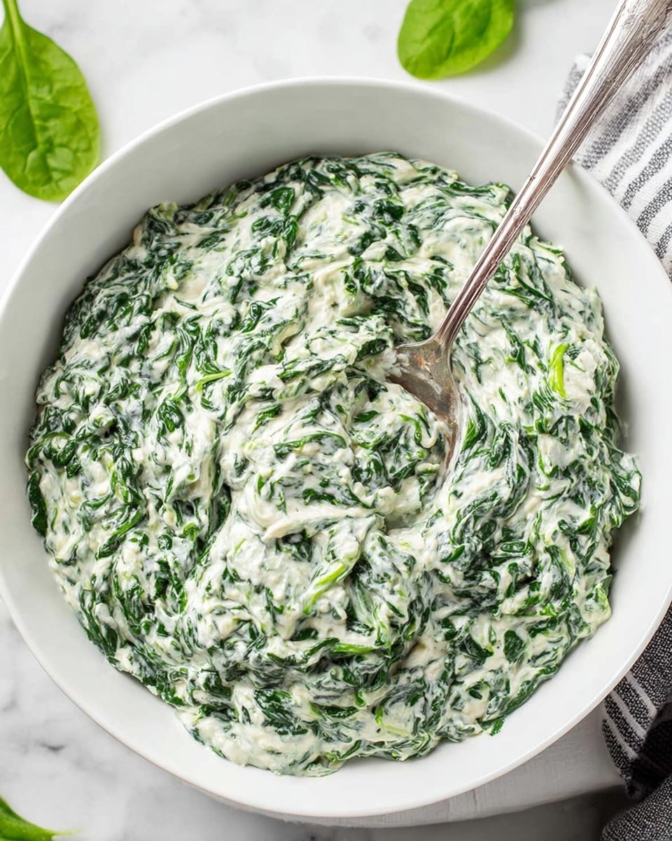 A white bowl filled with creamy spinach dip made of finely chopped green spinach leaves mixed in a thick white sauce with a smooth texture, a silver spoon scooping some dip from the middle of the bowl showing the mixture's dense and rich consistency, all placed on a white marbled surface with part of a striped cloth and a green spinach leaf partly visible at the edges, photo taken with an iphone --ar 4:5 --v 7