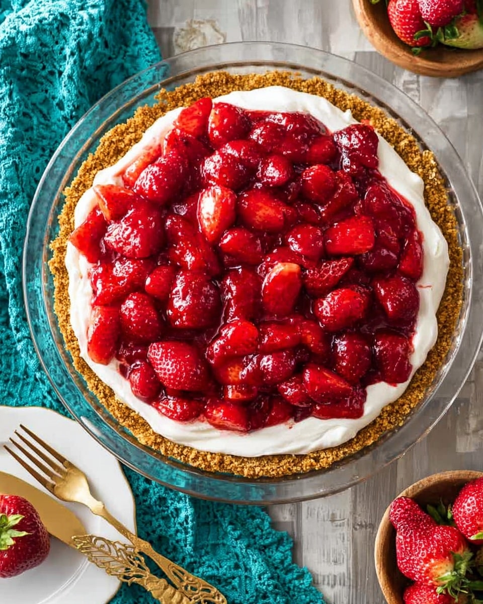 A round pie with a golden crumbly crust forms the base layer, inside a clear glass dish. The next layer is smooth white cream spread evenly over the crust. On top, there is a thick layer of bright red strawberries, both whole and halved, covered with a shiny red glaze giving a juicy, fresh look. The pie is placed on a white marbled textured surface with a teal cloth partially visible underneath. Nearby are a white plate with a strawberry on it, a gold-colored fork with leaf details, and a small bowl filled with strawberries. photo taken with an iphone --ar 4:5 --v 7