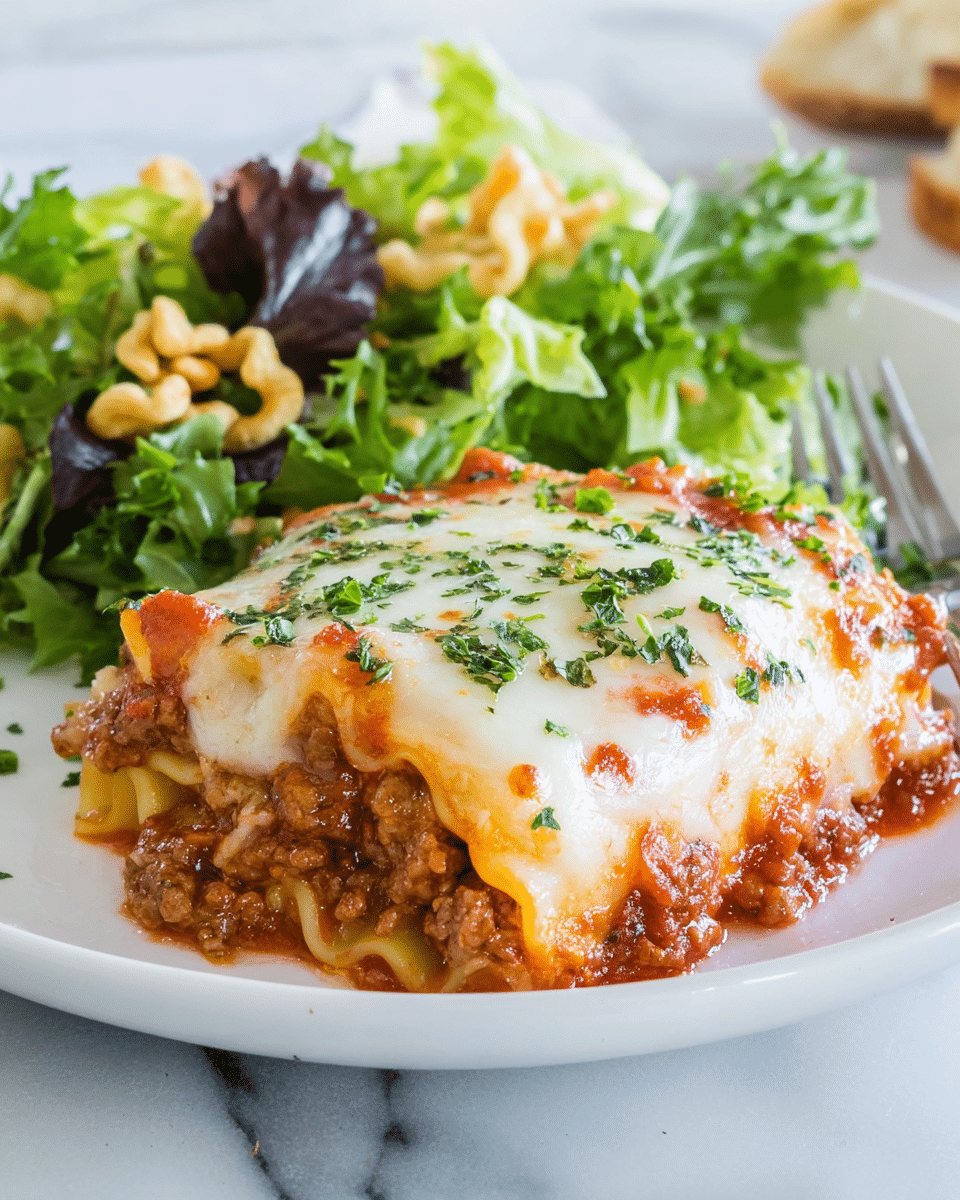 A close-up of a white plate holding a piece of lasagna with three visible layers: a bottom layer of meat sauce mixed with cheese, a middle layer of pasta, and a top layer of melted white cheese with red tomato sauce spots, sprinkled with green herbs. Behind the lasagna, there is a side salad made of different green leafy lettuces and some curly snack pieces scattered on top. The plate rests on a white marbled surface with a fork placed beside the lasagna. photo taken with an iphone --ar 4:5 --v 7