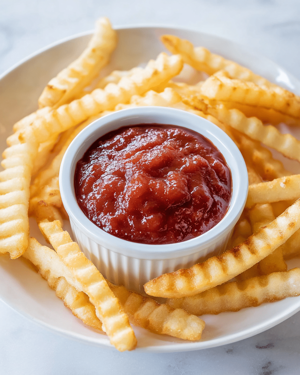 A white round plate holds a small white ramekin in the center filled with thick, textured red ketchup that has a slightly glossy surface. Surrounding the ramekin are golden crinkle-cut fries with a lightly crispy texture and subtle brown edges, arranged in a loose circle around the ramekin. The plate rests on a white marbled surface. photo taken with an iphone --ar 4:5 --v 7