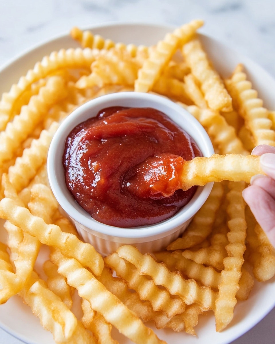 The image shows a white ramekin filled with thick, rich red ketchup in the center of a white plate. Surrounding the ramekin are many golden-yellow crinkle-cut fries with a slightly crispy texture. A woman's hand is holding one fry, dipped halfway into the ketchup, displaying a small dollop of ketchup clinging to its ridges. The whole arrangement is set on a white marbled surface, giving a clean and bright look. photo taken with an iphone --ar 4:5 --v 7