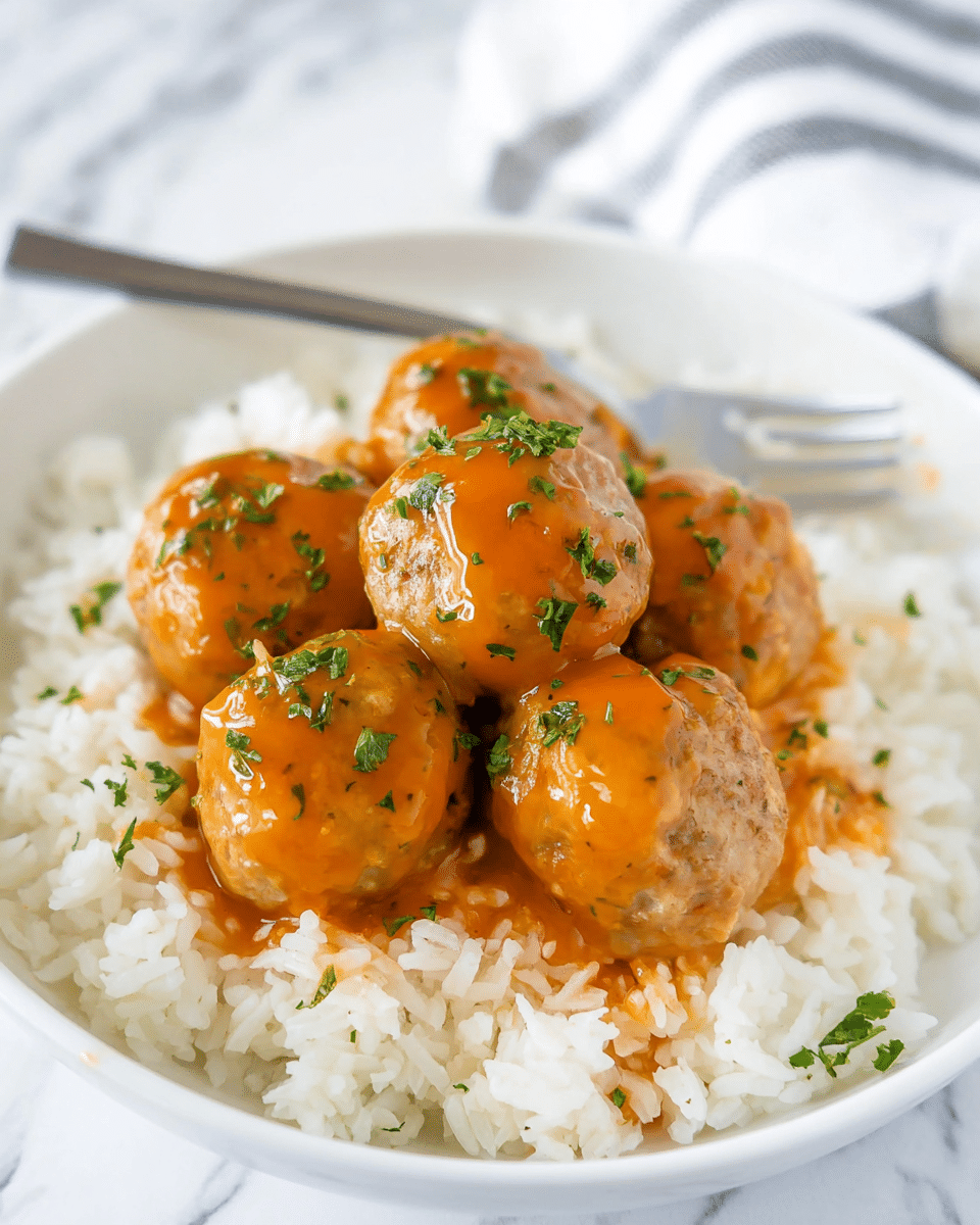 A white bowl filled with a bed of fluffy white rice at the bottom, topped with five round meatballs arranged in a small pile. Each meatball is covered with a smooth, shiny orange sauce, and sprinkled with finely chopped green herbs. In the background, a silver fork rests on the edge of the bowl against a white marbled surface. The image captures the dish close-up, showing details of the rice grains and the glossy sauce on the meatballs. photo taken with an iphone --ar 4:5 --v 7