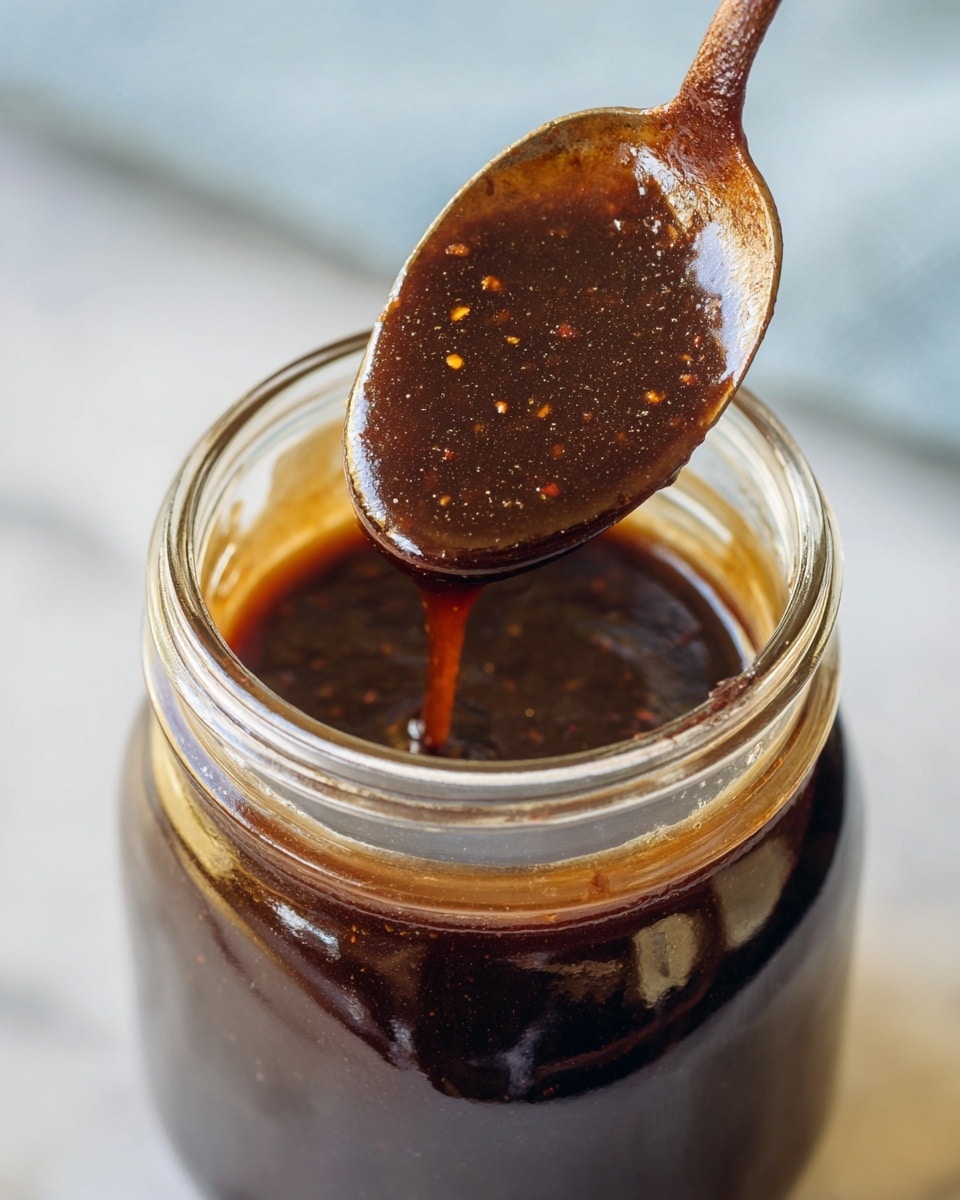 A white bowl filled with a thick, dark brown sauce with a smooth texture and small specks throughout, resting on a piece of rough burlap fabric over a white marbled surface; a silver spoon above the bowl holds some of the sauce, showing its shiny and slightly sticky consistency with a drop about to fall back into the bowl, and a blurred light blue and white checked cloth in the background. photo taken with an iphone --ar 4:5 --v 7