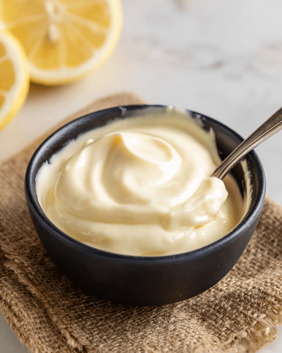 A close-up image of a small black bowl filled with thick, creamy, pale yellow mayonnaise that has smooth peaks and gentle swirls on the surface. Inside the bowl, a silver spoon rests on the right side, partially submerged in the mayonnaise. The bowl sits on a piece of coarse brown burlap fabric, which contrasts with the white marbled background. In the background, there is a blurred half lemon with visible segments adding a touch of yellow to the soft setting. photo taken with an iphone --ar 4:5 --v 7