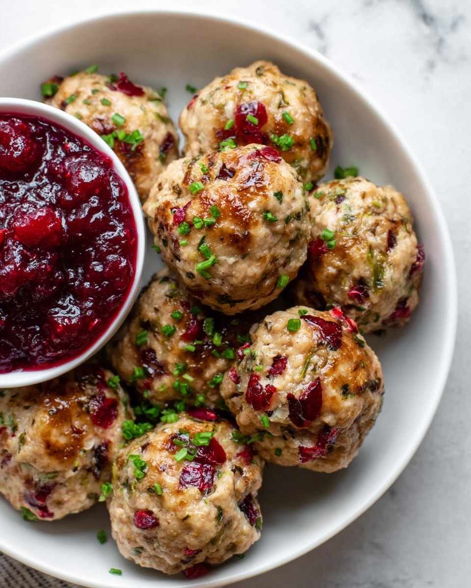 A white bowl sits on a white marbled surface, filled with seven round meatballs. The meatballs have a rough texture with visible pieces of green herbs and bright red bits of dried cranberries spread throughout. The meatballs are shiny, suggesting they are glazed or moist, and are garnished with small, fresh green herb pieces sprinkled on top. Inside the same bowl, towards the left, is a smaller white bowl filled with a thick, dark red cranberry sauce that has a slightly chunky texture. The overall look is fresh and colorful with the green and red elements standing out against the pale brown meatballs and white bowls. photo taken with an iphone --ar 4:5 --v 7