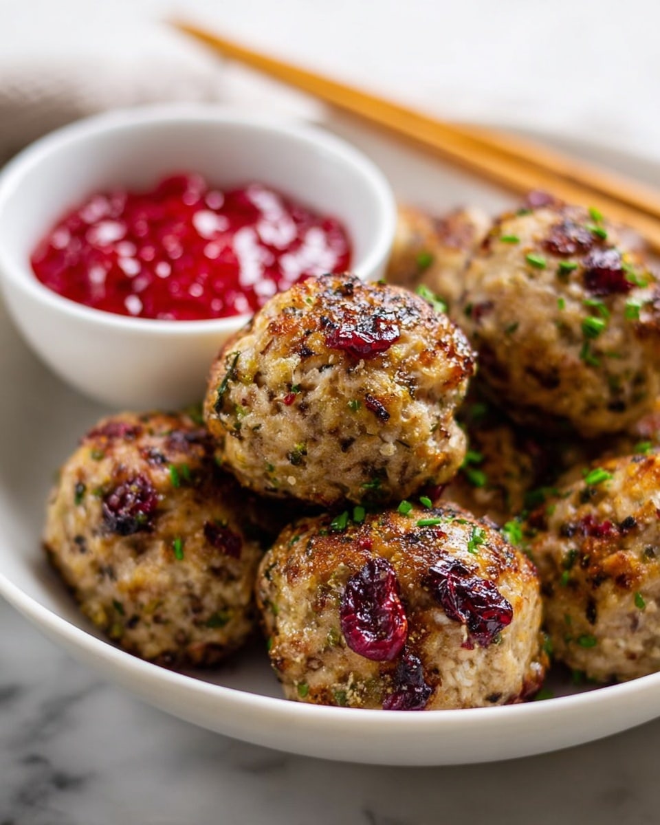 The image shows a white bowl filled with about five round meatballs that have a rough texture, speckled with small bits of green herbs and red dried cranberries on the surface. The meatballs are golden brown with some darker charred spots, giving a cooked look. Behind the meatballs, there is a smaller white bowl filled with bright red sauce. The whole setting sits upon a white marbled surface with a pair of wooden chopsticks blurred in the background. photo taken with an iphone --ar 4:5 --v 7