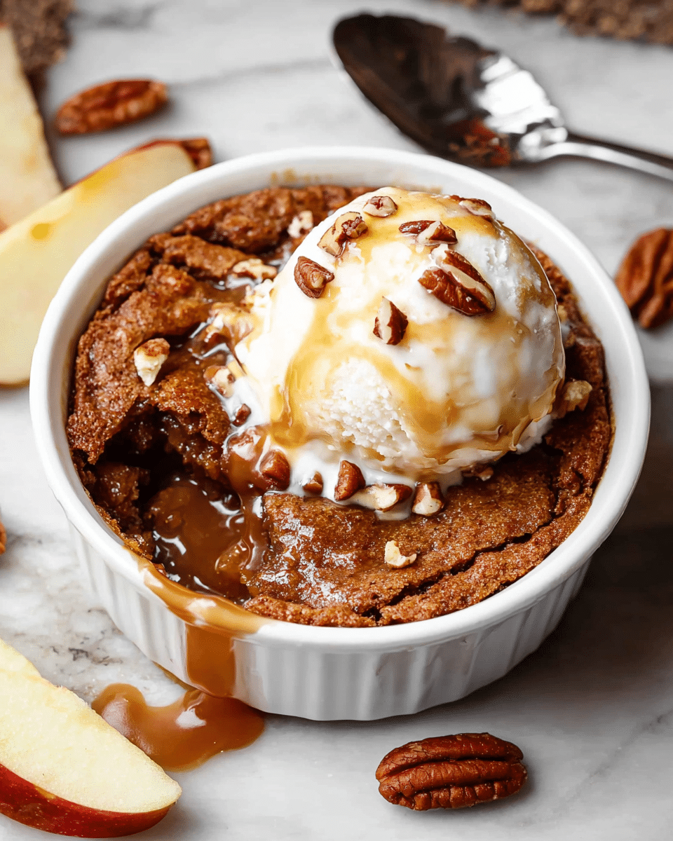 A white round ramekin is filled with a warm, cracked brown baked dessert, with gooey caramel sauce oozing on the left side. On top of the dessert, there is a scoop of creamy white ice cream drizzled with light caramel syrup and sprinkled with small pieces of chopped pecans. The texture of the dessert looks soft and slightly crumbly. The ramekin rests on a white marbled surface, with a spoon and some apple slices nearby. Photo taken with an iphone --ar 4:5 --v 7
