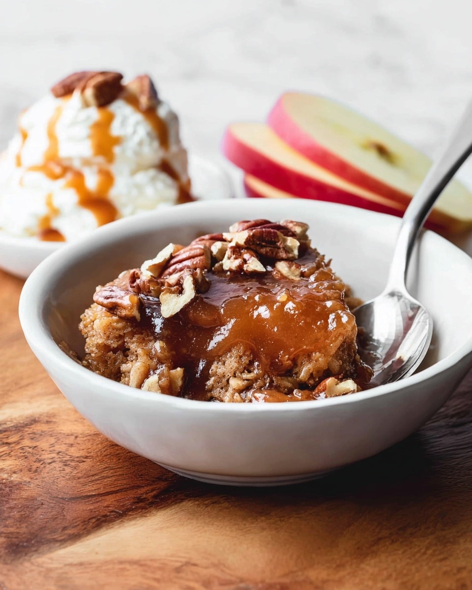 A white shallow dish holds a warm dessert with two visible layers: the bottom is a dark, glossy, sticky caramel-like sauce with bits of rice or nuts mixed in, topped by a golden brown soft cake layer with a slightly crumbly texture. Scattered pecans are sprinkled on top, adding a crunchy texture. Next to the dish on a wooden surface are two small slices of red and yellow apple. In the background, behind the dessert, there is a dollop of white whipped cream with a caramel drizzle and few nut pieces on top. A metal spoon is placed inside the dish. The setting rests on a white marbled texture. photo taken with an iphone --ar 4:5 --v 7