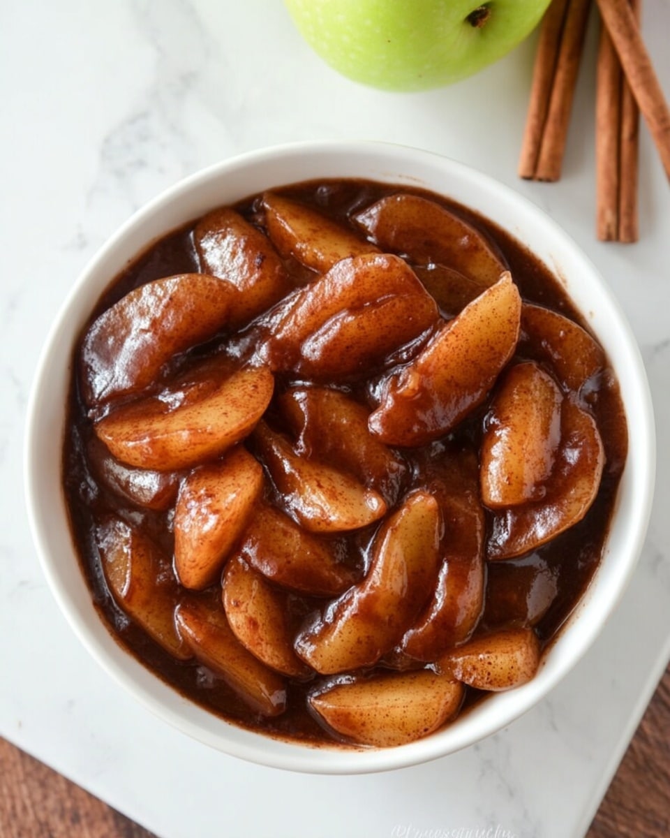 A white bowl filled with thick, glossy dark brown sauce mixed with soft, cooked pear slices that have a light beige color with a hint of cinnamon specks. The pear slices vary in size and are coated well in the rich sauce, sitting in layers all mixed together inside the bowl. The bowl is placed on a white marbled surface with two brown cinnamon sticks to the right and a green apple partially visible at the top. The overall look is warm and inviting with a smooth and slightly textured feel. photo taken with an iphone --ar 4:5 --v 7