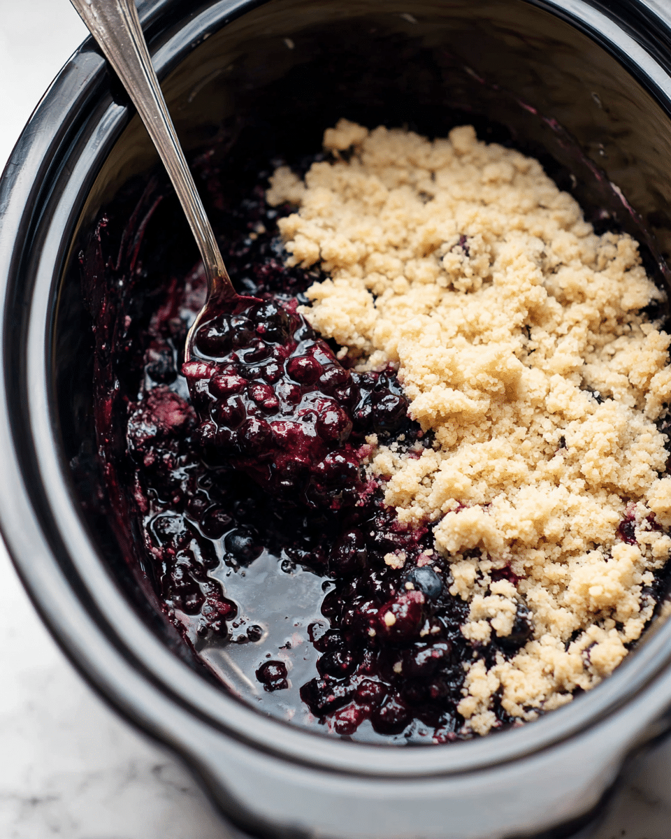 The image shows a black slow cooker filled with a blueberry crumble. The dessert has two main layers: the bottom layer is a dark purple, glossy, cooked blueberry filling, and the upper layer is a crumbly, light tan topping with an uneven texture, covering most of the blueberries. A silver spoon is scooping part of the crumble, mixing some of the crumbly topping with the blueberry filling, and is positioned near the center right of the slow cooker. The scene is set on a white marbled surface. photo taken with an iphone --ar 4:5 --v 7