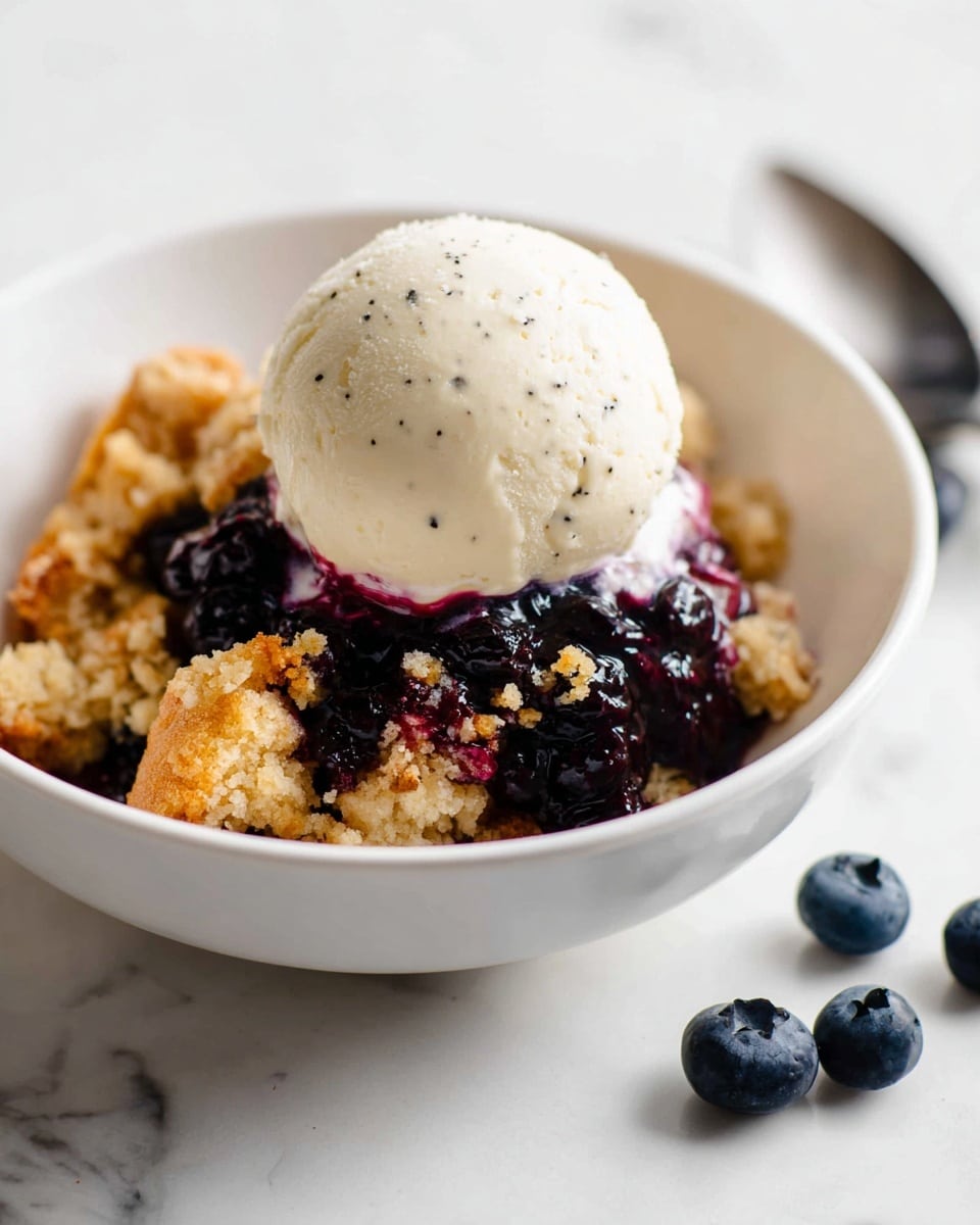 A white bowl contains a dessert made of three layers: the bottom layer consists of golden crumbly cake pieces, the middle layer has dark purple, juicy blueberry compote, and the top layer is a smooth, rounded scoop of creamy vanilla ice cream with small black specks, slightly melting over the fruit and cake. Some blueberries are scattered on a white marbled surface near the bowl. Photo taken with an iphone --ar 4:5 --v 7