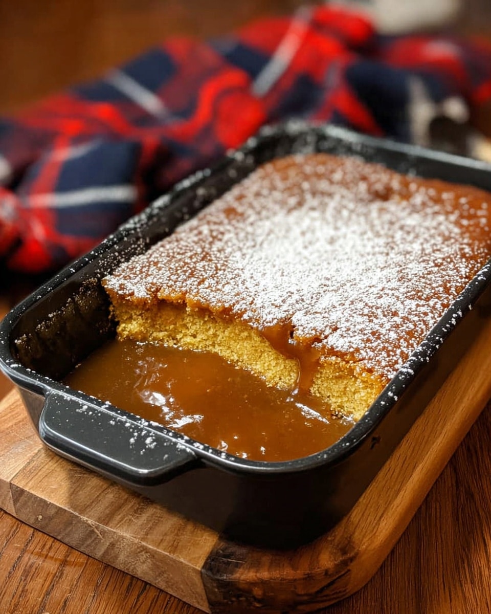 A black baking dish holds a pudding dessert with two main layers visible: the top layer is a golden brown sponge cake with a soft, slightly rough texture, dusted unevenly with white powdered sugar, while the bottom layer is a thick, glossy caramel-colored sauce that appears sticky and smooth, slightly overflowing at the side where a portion of the sponge has been removed. The dish rests on a wooden board, and in the background, there is a blurred pattern of red, navy, and white plaid fabric. The setting is warm and cozy with a white marbled texture surface. photo taken with an iphone --ar 4:5 --v 7