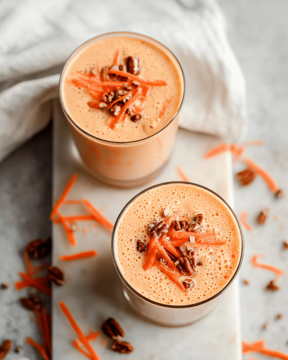 Two clear glasses filled with a creamy light orange smoothie topped with thin orange carrot strips and small pieces of brown pecans. The drinks have a smooth texture with small bubbles on the surface. The glasses are placed on a white marbled textured board, with scattered carrot strips and pecan pieces around, adding a natural and fresh feel. Part of a white cloth is visible on the upper left side. photo taken with an iphone --ar 4:5 --v 7