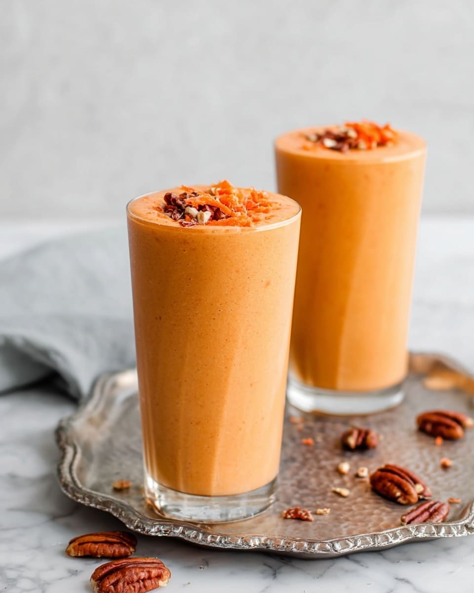 Two tall glasses filled with a creamy orange smoothie are placed on a silver textured tray that sits on a white marbled surface. Each glass has a smooth, thick texture, with the smoothie nearly reaching the rim. The top layer of the smoothie is garnished with small pieces of shredded orange carrot and scattered pecan nuts, adding a bit of texture and color contrast. Loose pecan pieces and carrot shreds are casually spread around the tray and surface, enhancing the natural, fresh look of the drink. The background is a soft white marble, which highlights the warm orange color of the smoothies. photo taken with an iphone --ar 4:5 --v 7