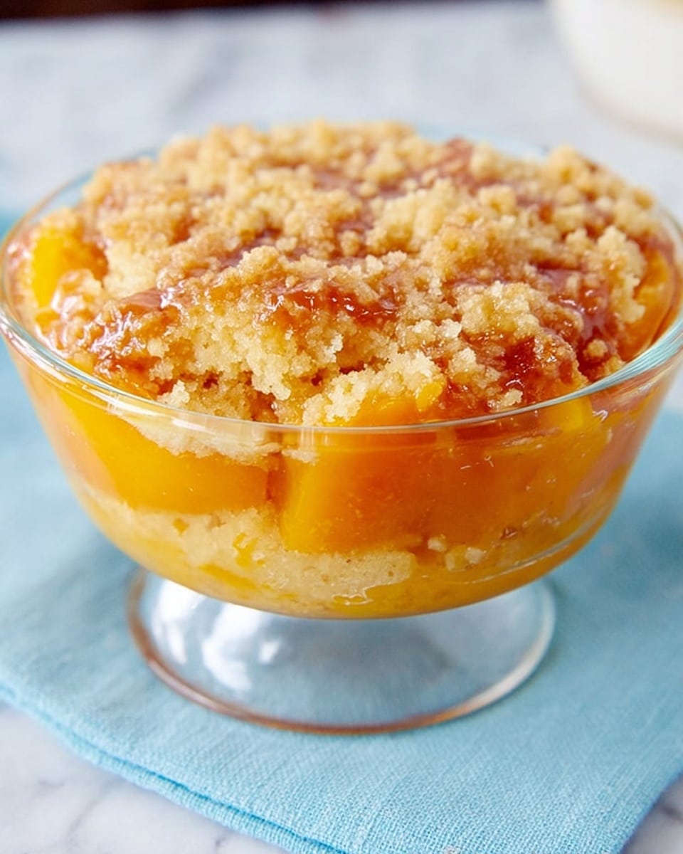 A clear glass bowl filled with a peach cobbler showing about three layers: the bottom layer is a bright orange peach filling with smooth texture, the middle layer is a golden, slightly crumbly baked crust, and the top layer is a glossy, light brown sugary glaze with small crunchy bits scattered unevenly across the surface. The bowl sits on a white marbled textured surface with a light blue cloth underneath it. photo taken with an iphone --ar 4:5 --v 7