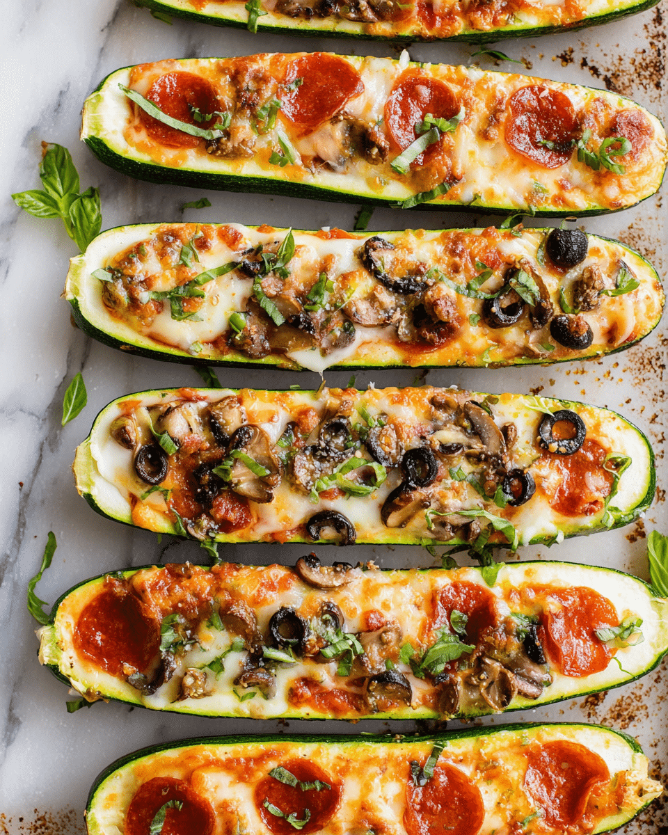 The image shows six zucchini boats arranged on a white marbled surface, each sliced lengthwise with three visible layers. The outer layer is the green zucchini skin, the middle layer is hollowed and filled with bright red tomato sauce, and the top layer is melted creamy white and light orange cheese. Each boat is topped with small round pepperoni slices or browned mushroom pieces, chopped red onion, black olive slices, and fresh green herbs scattered across. Some green herb sprigs decorate the side of the frame. The cheese is slightly browned in spots, and the zucchini boats are placed close to each other, filling the frame. photo taken with an iphone --ar 4:5 --v 7