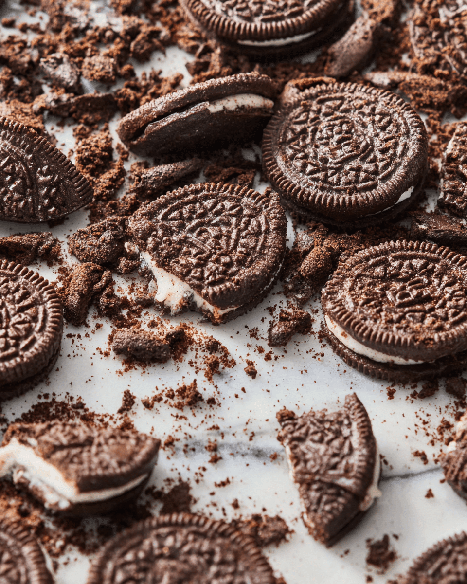 This close-up image shows a single thin layer of crushed chocolate sandwich cookies spread out unevenly, with pieces of both cookie and white cream filling visible. The cookie parts are dark brown with an intricate embossed pattern, and the cream filling is bright white, creating a strong contrast. Some cookie pieces are whole halves, while others are broken into smaller bits, scattered randomly on a sticky, shiny surface. The background has a soft, white marbled texture. Photo taken with an iphone --ar 4:5 --v 7