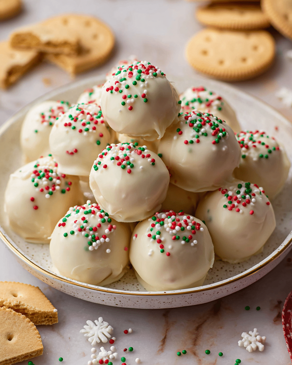 Round truffle balls covered in smooth white chocolate with a glossy texture form the top layer, each sprinkled with small red, green, and white round sprinkles. These truffles are piled in a shallow white speckled plate with a thin gold rim at the edge. Around the plate, there are broken pieces of light golden sandwich cookies and scattered colorful sprinkles and snowflake-shaped decorations on a white marbled surface. The lighting is soft and natural, highlighting the creamy white chocolate coating and sprinkles. photo taken with an iphone --ar 4:5 --v 7