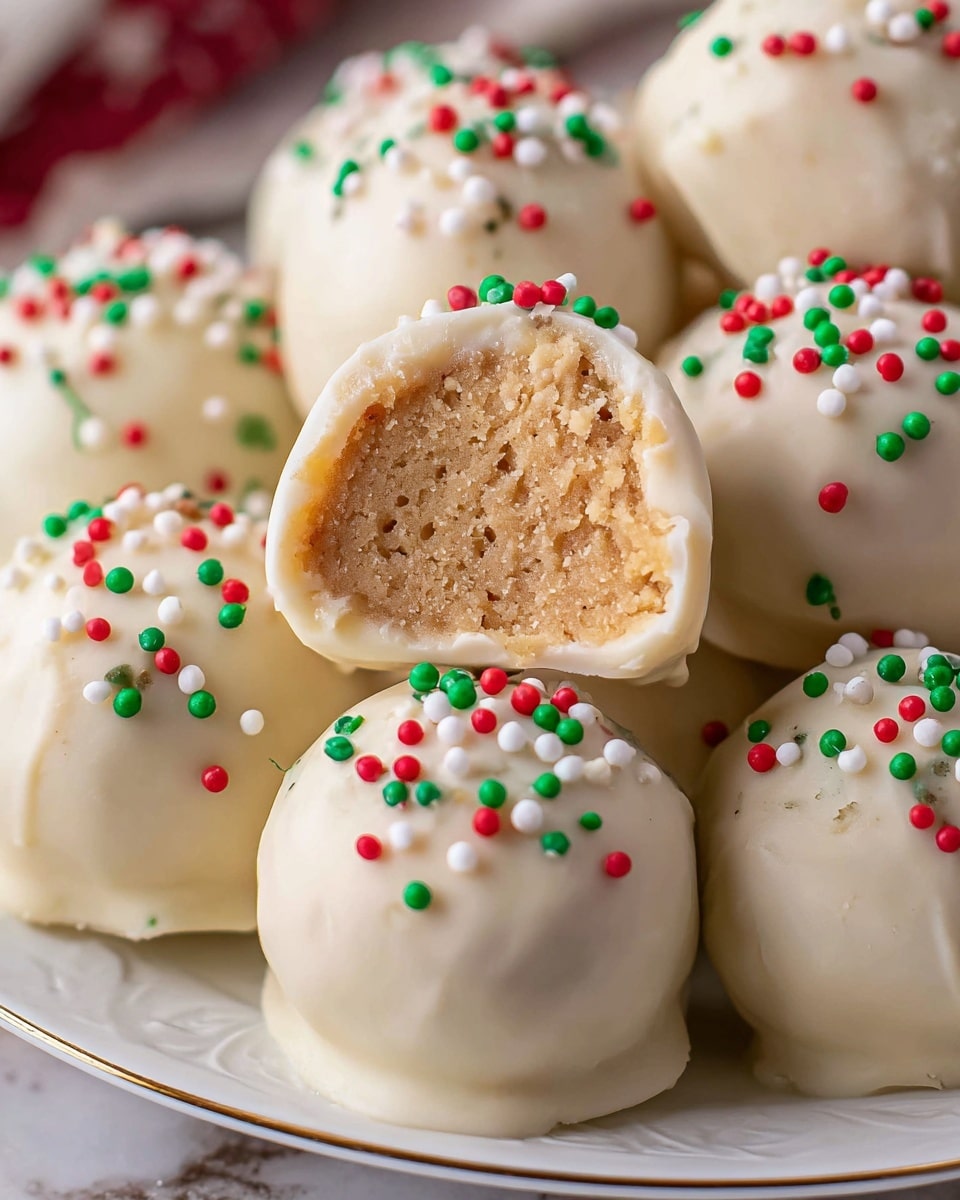 A close-up view of round truffles coated in smooth white chocolate with small red, green, and white sprinkles on top. One truffle is cut in half, showing a dense, light brown filling inside. The truffles are placed closely together on a white plate with a gold rim, set on a white marbled surface. The coating has a glossy, slightly uneven texture, and the sprinkles add a festive touch. photo taken with an iphone --ar 4:5 --v 7