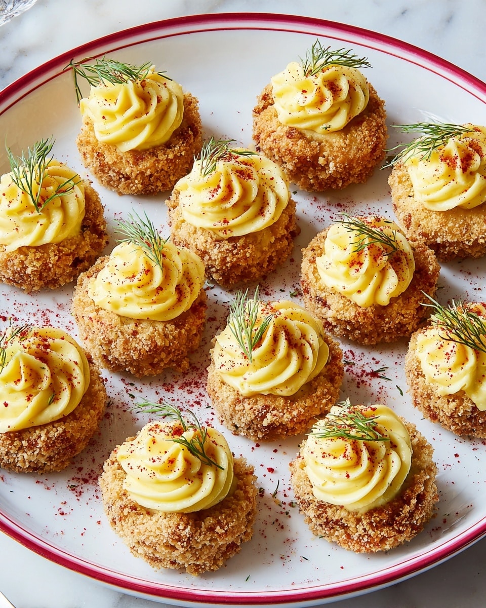 A white plate with a red rim holds 13 small round appetizers arranged closely, each with two layers. The bottom layer is crumbly and golden-brown with a rough texture, looking like a crispy breaded base. On top sits a thick swirl of smooth yellow cream, piped in a floral pattern, sprinkled lightly with red powder. Each appetizer is garnished with a small sprig of fresh green dill, adding a touch of color contrast. The plate is set on a white marbled textured surface. photo taken with an iphone --ar 4:5 --v 7