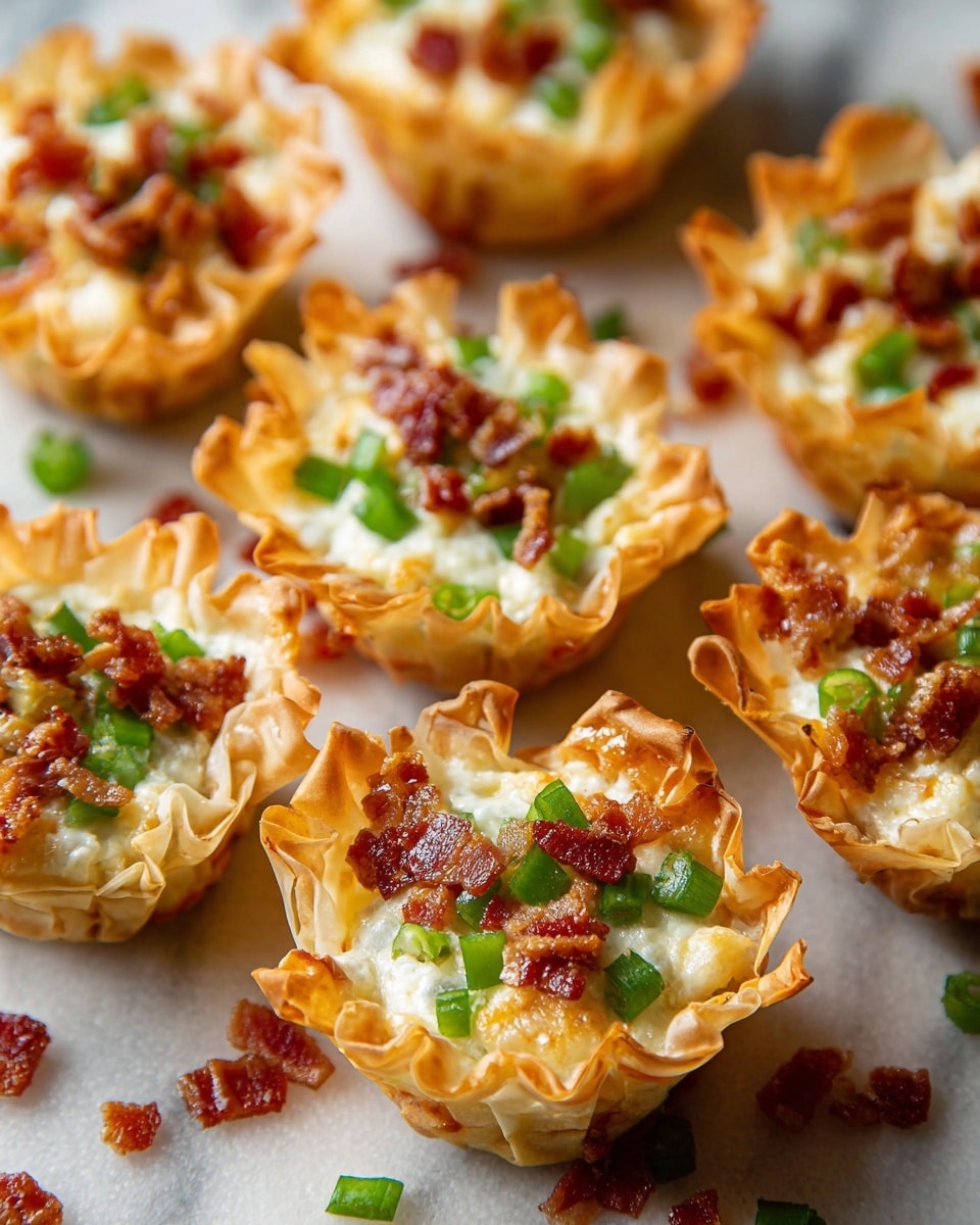 The image shows several small, round filo cups with ruffled edges that are golden brown. Each cup is filled with a creamy white mixture that appears soft and slightly melted. On top of this mixture, there are small pieces of bright green bell pepper and crispy reddish-brown bacon bits evenly spread across. The cups are placed closely together on a white marbled surface covered with scattered bits of bacon and green pepper for decoration. The lighting highlights the crispy texture of the filo and the moist filling inside. Photo taken with an iphone --ar 4:5 --v 7
