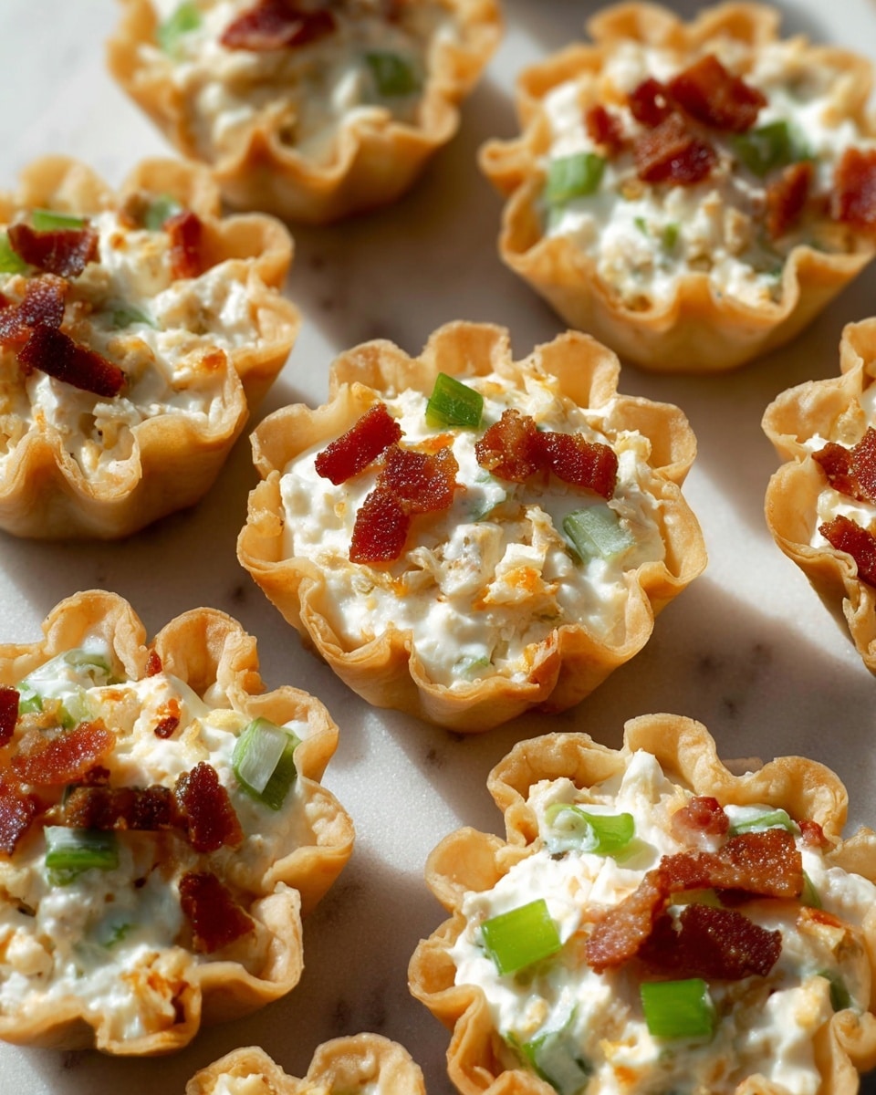 The image shows multiple small tartlet cups arranged closely together on a white marbled surface. Each tartlet has a golden-brown, crispy, wavy pastry shell forming the first layer. Inside, there is a creamy white filling that looks smooth and rich with visible chunks of light orange cheese and small pieces of green bell pepper scattered throughout. On top, sprinkled evenly, are small crispy reddish-brown bacon bits adding texture and color contrast to the tartlets. The scene is bright with natural light highlighting the textures and colors clearly. photo taken with an iphone --ar 4:5 --v 7
