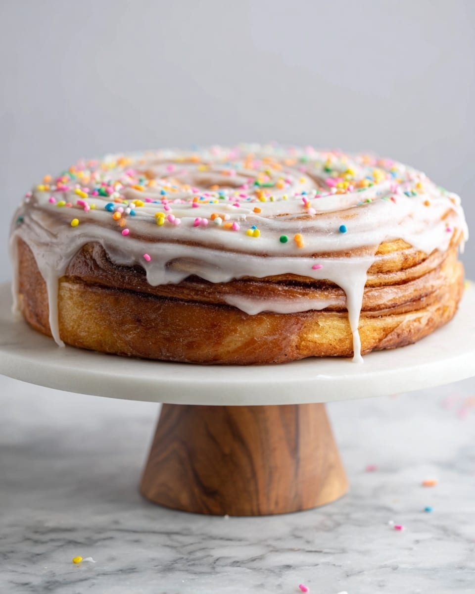 A round cinnamon roll cake with visible swirled layers covered in a thin, glossy white icing that drips slightly down the sides, topped with small, colorful round sprinkles in pink, yellow, blue, green, and orange. The cake has a golden-brown baked texture with the icing layered unevenly on top. It sits on a white cake stand with a smooth wooden base, all placed on a white marbled surface, with a soft light gray background. photo taken with an iphone --ar 4:5 --v 7