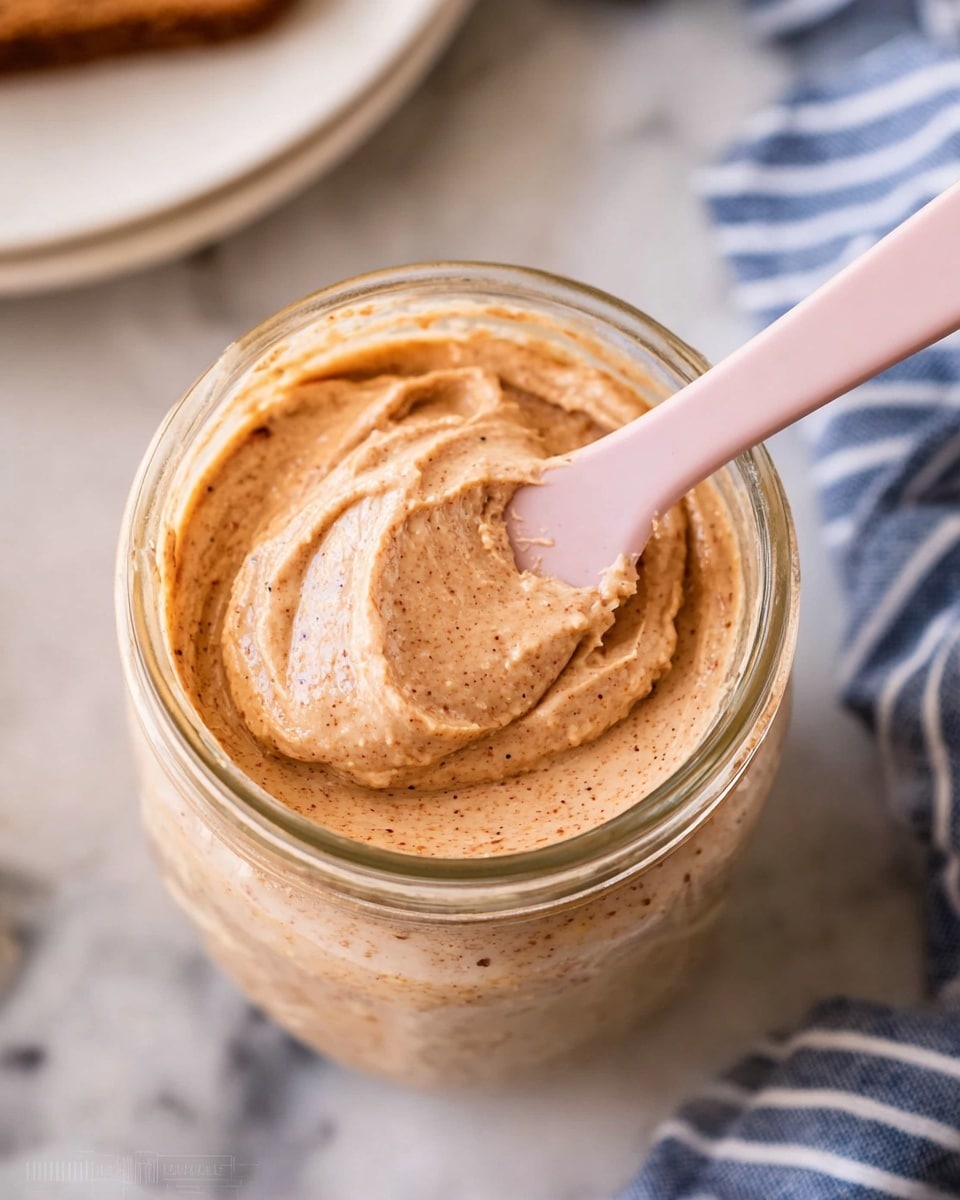 A close-up view of a glass jar filled with light brown creamy spread that has a smooth, slightly whipped texture with tiny darker brown specks mixed throughout. A light pink spatula is dipped into the spread, holding a small dollop of it. The jar is placed on a white marbled surface with a blurred background that includes part of a white plate and a blue and white striped cloth. The photo taken with an iphone --ar 4:5 --v 7