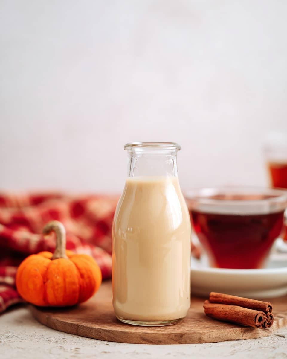 A clear glass bottle filled with a creamy light beige liquid, smooth in texture and nearly full, sits centered on a wooden surface. To the left of the bottle is a small bright orange pumpkin, and to the right are two brown cinnamon sticks placed diagonally. In the background, slightly out of focus, there is a white plate holding a glass cup with dark reddish-brown liquid, and a blurred red checkered cloth is also visible. The whole setting rests on a white marbled textured surface with soft natural lighting. photo taken with an iphone --ar 4:5 --v 7
