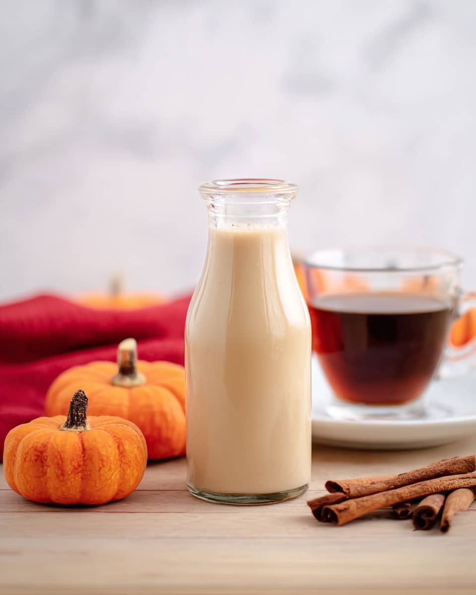 A clear glass bottle filled with smooth, creamy beige liquid stands in the center on a light wooden surface. To the left of the bottle are two small bright orange mini pumpkins with dark brown stems. On the right side, a pair of cinnamon sticks rest near the bottle, with a clear glass cup filled with dark brown liquid placed behind them on a white plate. A blurred red cloth is visible softly in the background, all set against a white marbled textured background. photo taken with an iphone --ar 4:5 --v 7