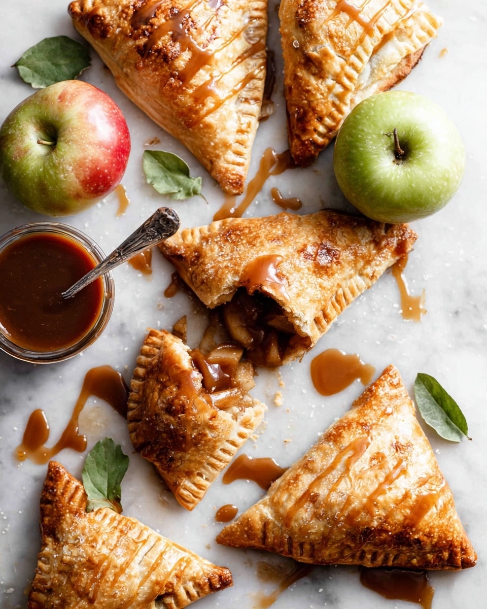 The image shows six golden-brown triangular apple hand pies with a shiny caramel drizzle on a white marbled surface. One pie is broken open to reveal a filling of soft, cooked apple pieces inside. Around the pies, there are two whole apples, one green and one red with green leaves still attached. To the left, a small jar of caramel sauce with a silver spoon inside adds a rich contrast, with some sauce spilled slightly on the surface. The textures highlight the crispy and flaky crust of the pies and the smooth, sticky caramel on top, creating an inviting and warm look. Photo taken with an iphone --ar 4:5 --v 7