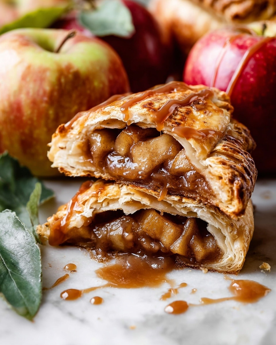 The image shows a flaky, golden-brown pastry broken open to reveal a thick, glossy filling of soft, caramelized apple pieces mixed with spices in the center layer, with two layers of light, crisp crust around it; on top, the pastry is drizzled with sticky caramel sauce, and the background shows whole apples with green leaves, all set on a white marbled surface. photo taken with an iphone --ar 4:5 --v 7
