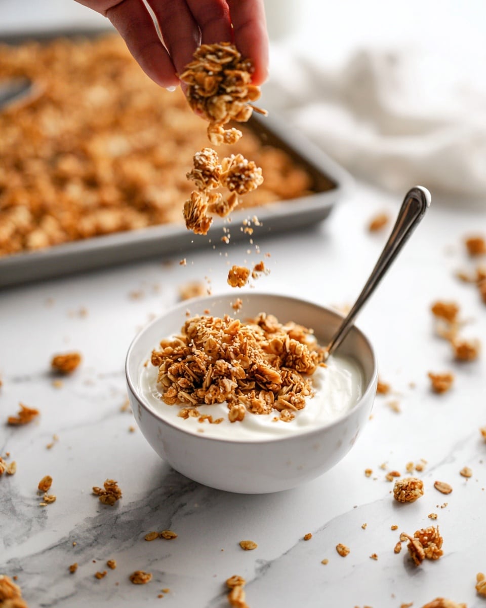 A close-up view of a white bowl filled halfway with white creamy yogurt at the bottom layer, topped with a thick layer of golden brown granola that looks crunchy and chunky. A silver spoon is placed inside the bowl on the right side. Above the bowl, a woman's hand is sprinkling more granola, with some pieces mid-air falling toward the bowl. The scene is set on a white marbled surface with scattered granola pieces around the bowl. In the background, a baking tray filled with more granola and a silver spoon inside it is slightly out of focus. photo taken with an iphone --ar 4:5 --v 7