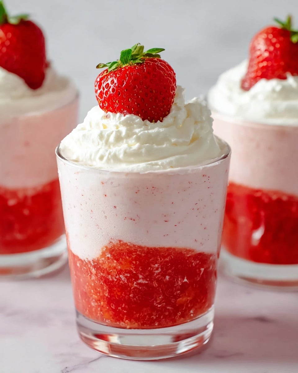 The image shows clear glasses filled with a three-layer strawberry dessert. The bottom layer is a bright red strawberry puree with a slightly chunky texture. The middle layer is a thick, pale pink cream mixed with small strawberry bits, taking up most of the glass. The top layer is a dollop of smooth, white whipped cream with a fresh, whole red strawberry with green leaves placed in the center of each glass. The glasses are set on a white marbled surface, with soft natural lighting that highlights the colors and textures. photo taken with an iphone --ar 4:5 --v 7