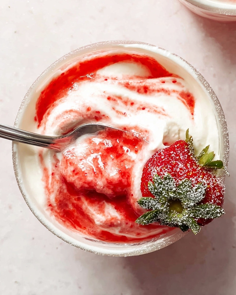 A close-up top view of a small glass white bowl filled with creamy white yogurt mixed with bright red strawberry puree, creating a swirled texture on the top layer. Inside the yogurt near the spoon, a whole fresh strawberry with green leaves and some powdered sugar sprinkled on it is partially submerged on the right side. A silver spoon rests in the bowl, covered with the creamy mixture and some strawberry puree. The bowl is placed on a white marbled textured surface. photo taken with an iphone --ar 4:5 --v 7