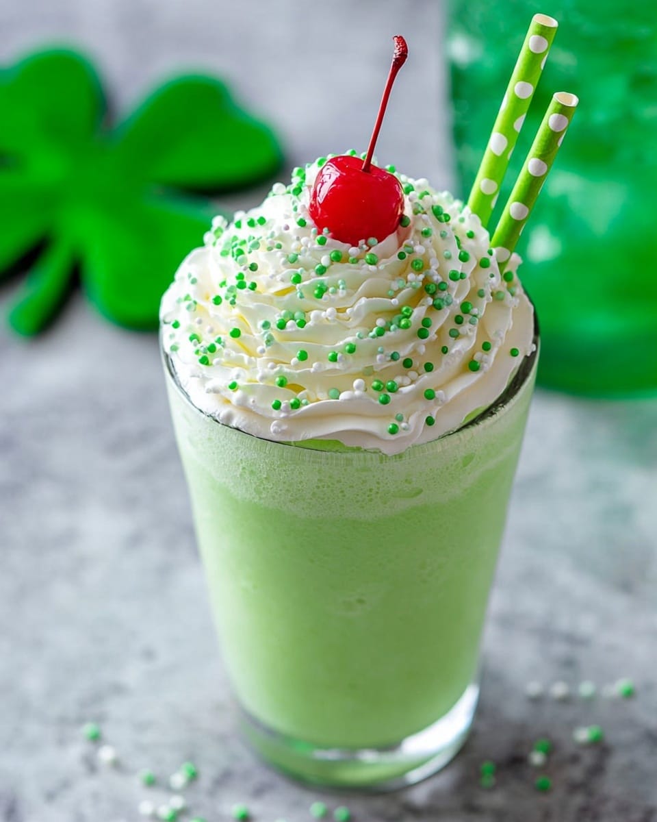 A tall clear glass is filled with a smooth, thick light green drink. On top, there is a swirl of white whipped cream sprinkled with small round green and white sprinkles. A bright red cherry sits at the peak of the whipped cream. Two green straws with white polka dots stick out from the whipped cream on the right side. The glass is placed on a white marbled surface, and some green clover-shaped decorations are blurred in the background. photo taken with an iphone --ar 4:5 --v 7